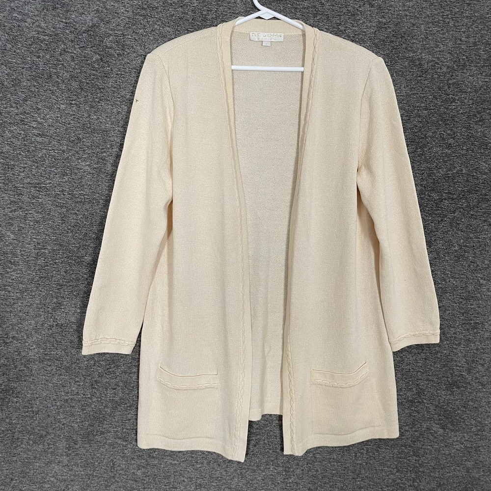St John Basics Cardigan Sweater Womens Large‎ White Wool Blend Open Front Knit